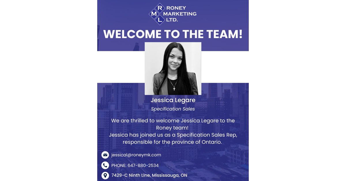 Roney Marketing Ltd. Welcomes Jessica Legare as Specification Sales